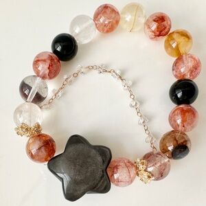 Red Hematoid Quartz & Obsidian Bracelet with Crystal Charm, Elastic 6.25 inch
